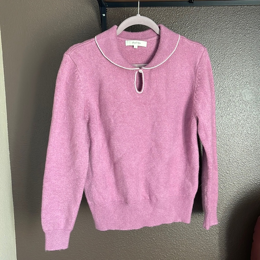 Simple Retro Small Mauve Long Sleeve Collar Faux Pearl Peephole Sweater